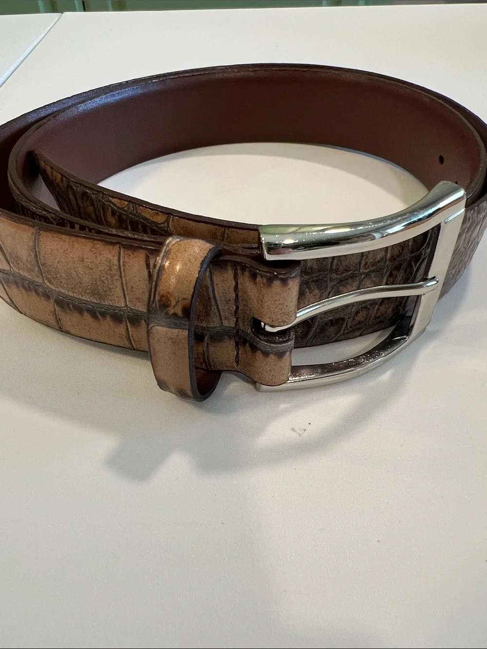 Torino- 38, Men's Croc-Embossed Tan Leather Belt, Silver Buckle, Italian